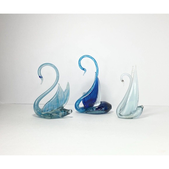 Murano Other - Murano Style 3-Piece Contemporary Blue Handblown SWAN Glass Figurines, 6”-8”